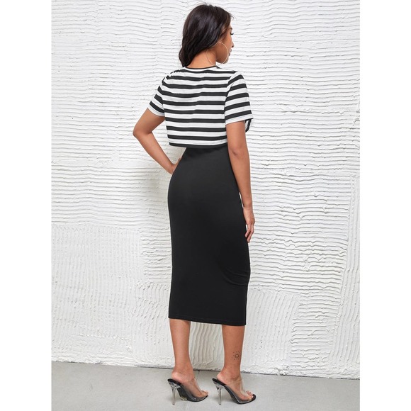 Maternity Striped Print short sleeve Tee midi Dress black white - Picture 2 of 8